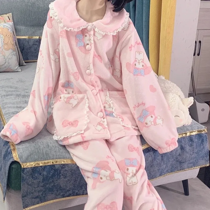 Sanrio Melody Winter Cotton Fleece Thickened Warm Women\'s Pajamas Silk Pajamas Women\'s Cartoon Homewear Pajamas Pants Set