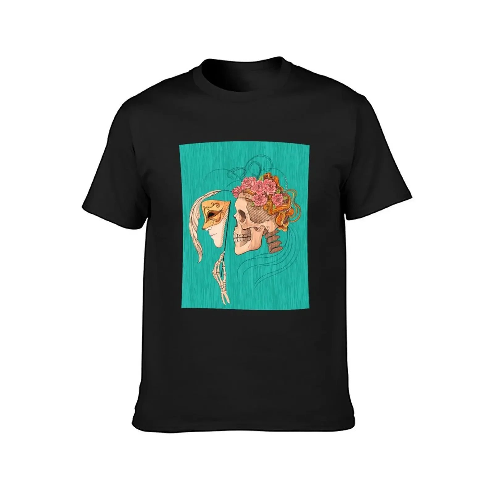 illustration with skull holding a human face mask T-Shirt vintage clothes man clothes Men's cotton t-shirt