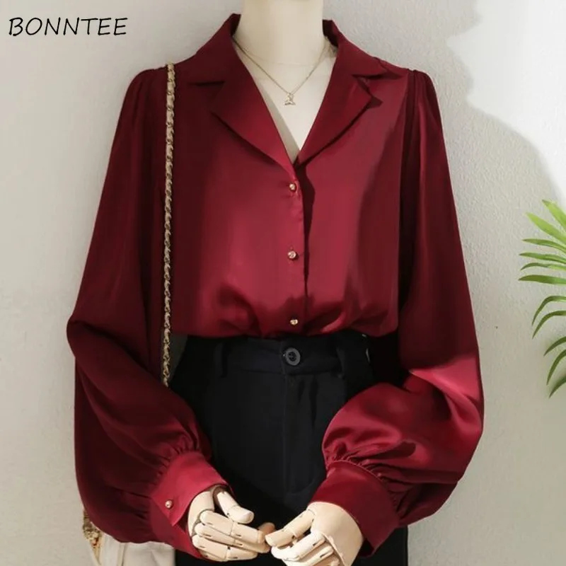 Long Sleeve Shirts Women Drape Satin Vintage Solid Trendy All-match French Style Classic Leisure Elegant Tender Spring Mujer