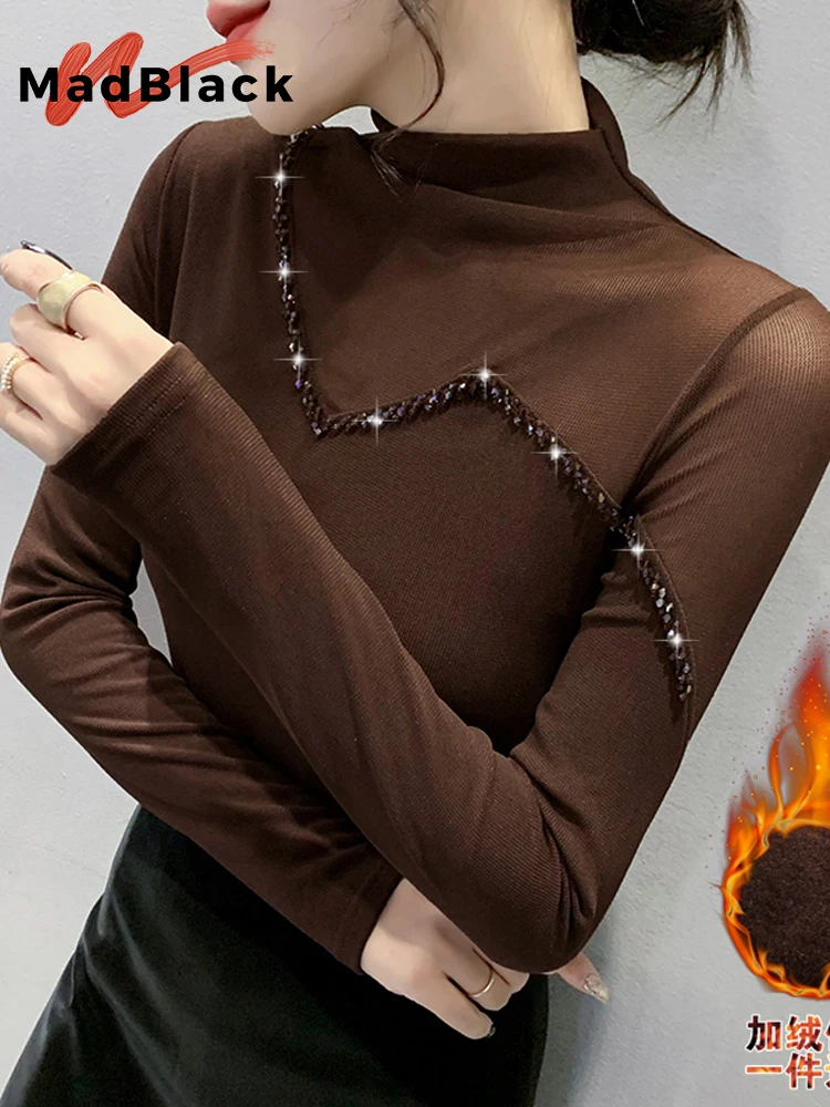 

MadBlack Fall Winter European Clothes Lady T-Shirt Patchwork Fleece Mesh Shiny Diamonds Women Tops Long Sleeve Tees T3N521JC