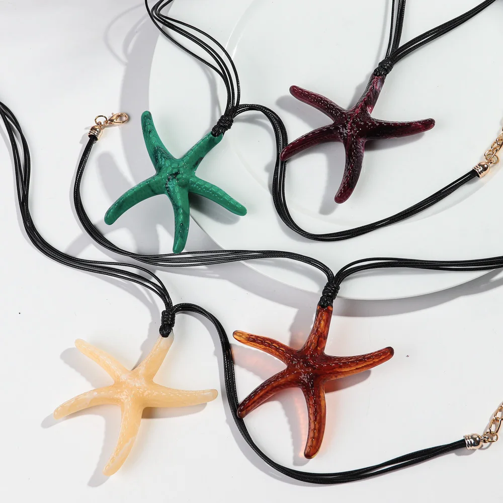 Collares con colgante de estrella de mar de océano acrílico Extra grande para mujer, gargantilla de cuerda de cuero con estrella exagerada, regalo de joyería Bohemia