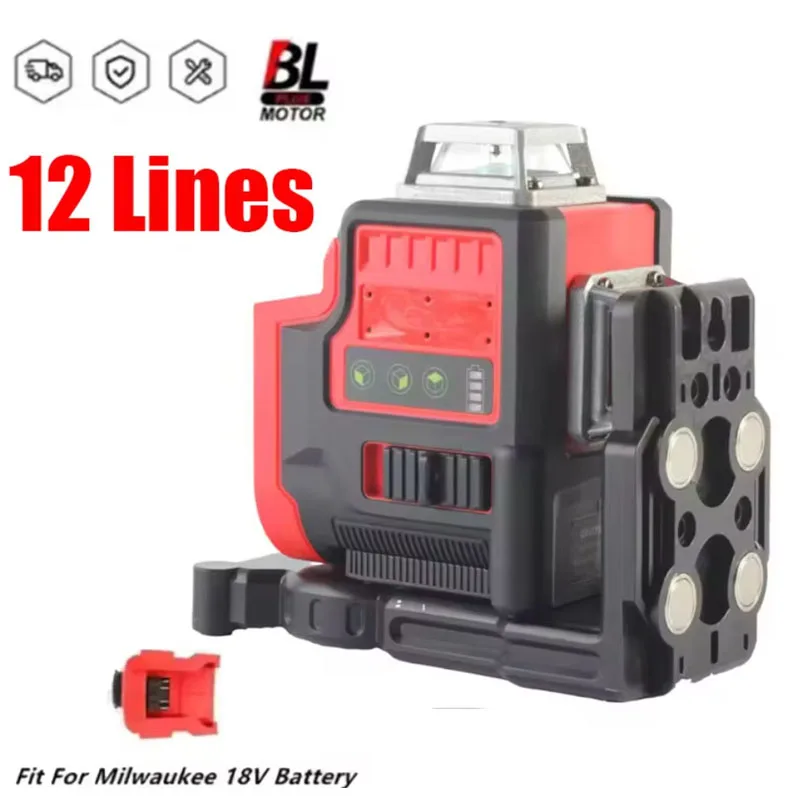 For Milwaukee 18V Battery Laser Level 12 Lines 3D Horizontal & Vertical Green Beams Light Meter Self-Leveling Lasers Tools