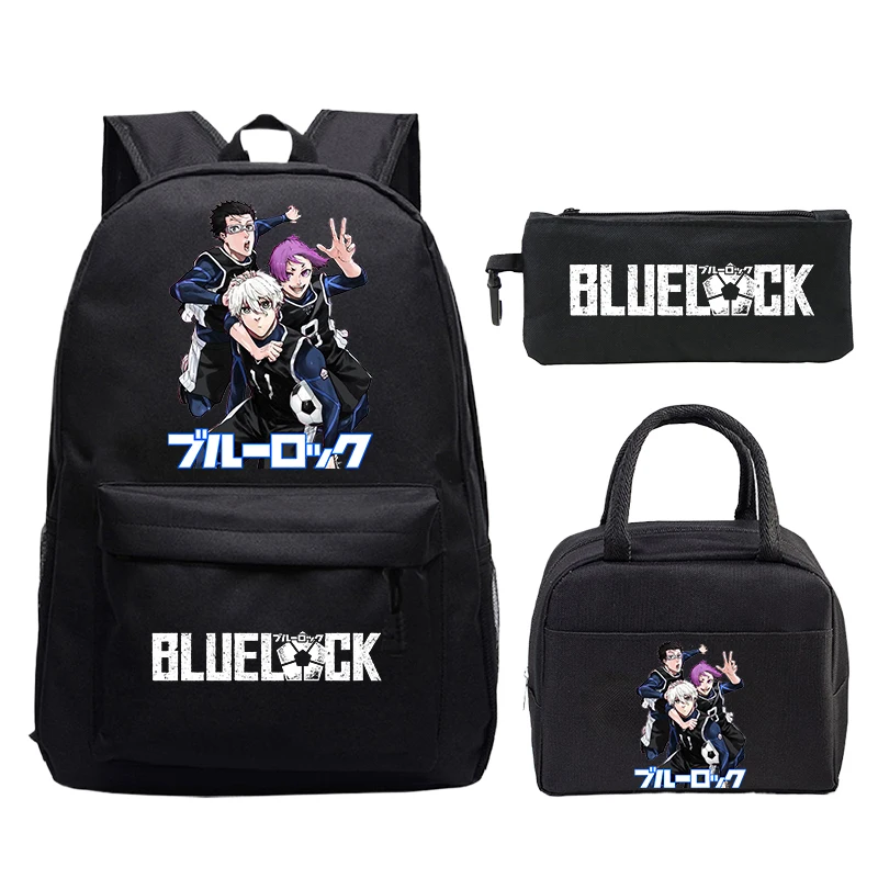 3 pçs conjunto azul bloqueio mochila, saco de almoço, saco de lápis, menino menina nagi seishiro dos desenhos animados mochila escolar estudantes leve