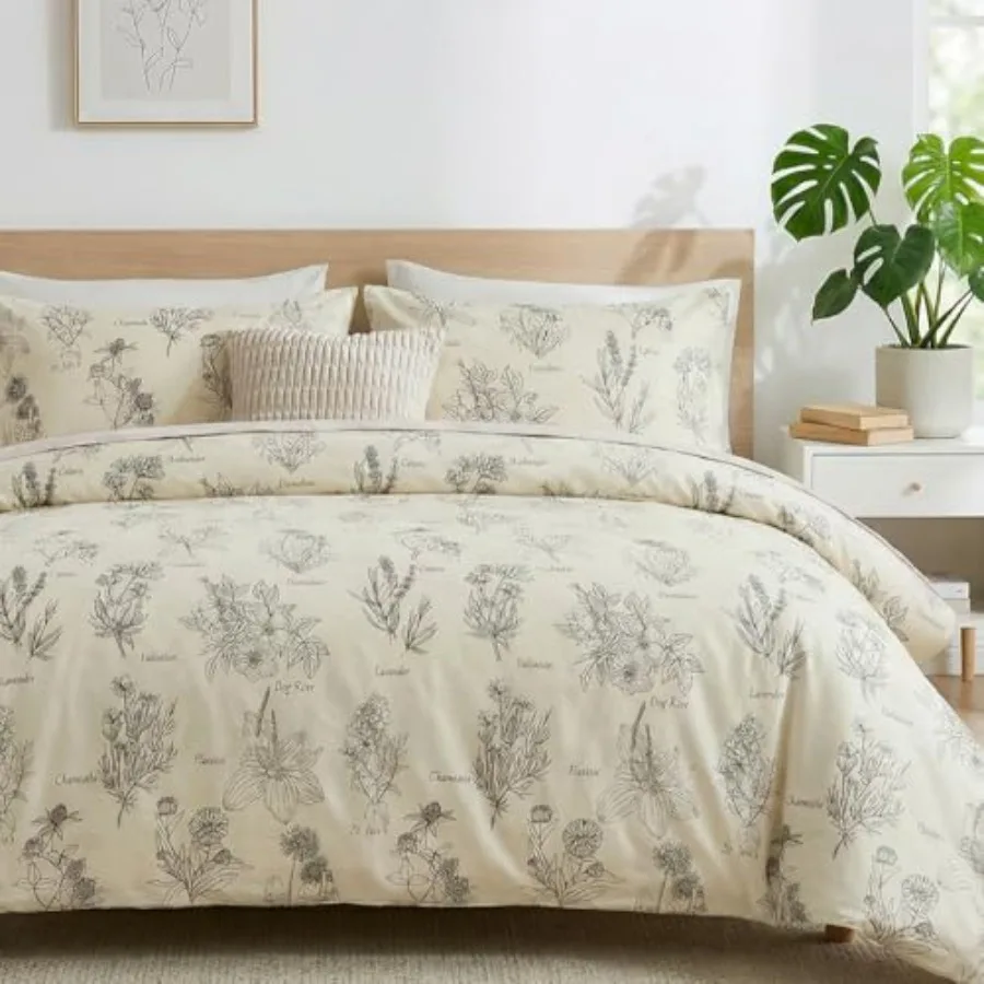 

Cozeline 100% Cotton Duvet Cover Size Vintage Design with Luxrious Black Sketched Flowers and Leaves on 3 Pcs Breathable and So