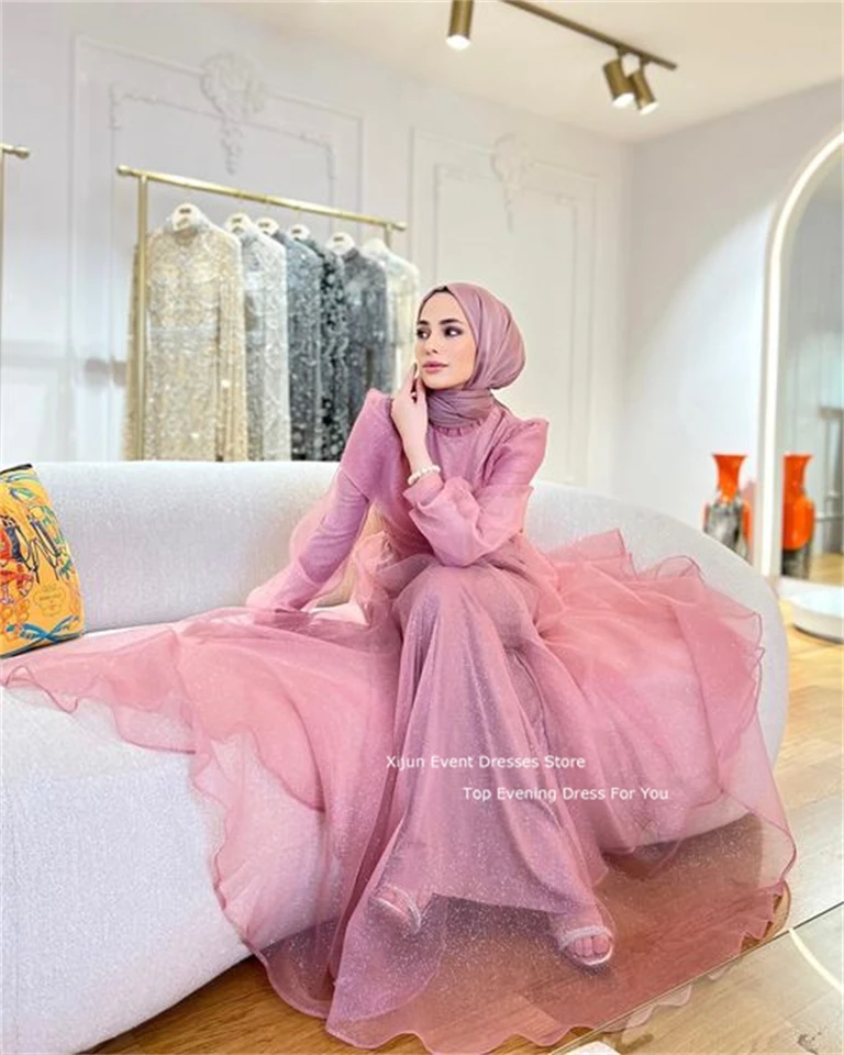 Xijun Pink Modest Tulle Moroccan Kaftan Evening Dresses Dubai Arabic Prom  Dress Long Formal Party Dress Saudi Arabia Prom Gowns - AliExpress 320