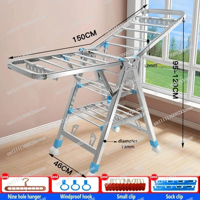 Stainless Steel Floor Drying Rack with Foldable Design, Indoor Outdoor Clothes Drying Pole for Balcony and Blanket Airing