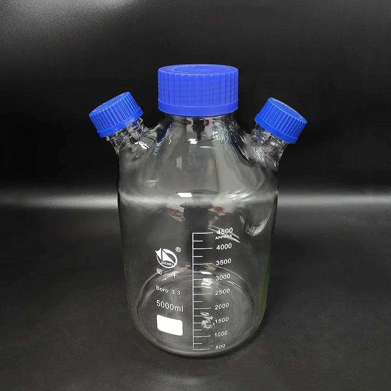 SHUNIU Reagent bottle, 3 blue screw covers, Mid GLS80mm, Side GL45mm, Borosilicate glass, Graduation Sample Vials Plastic Lid