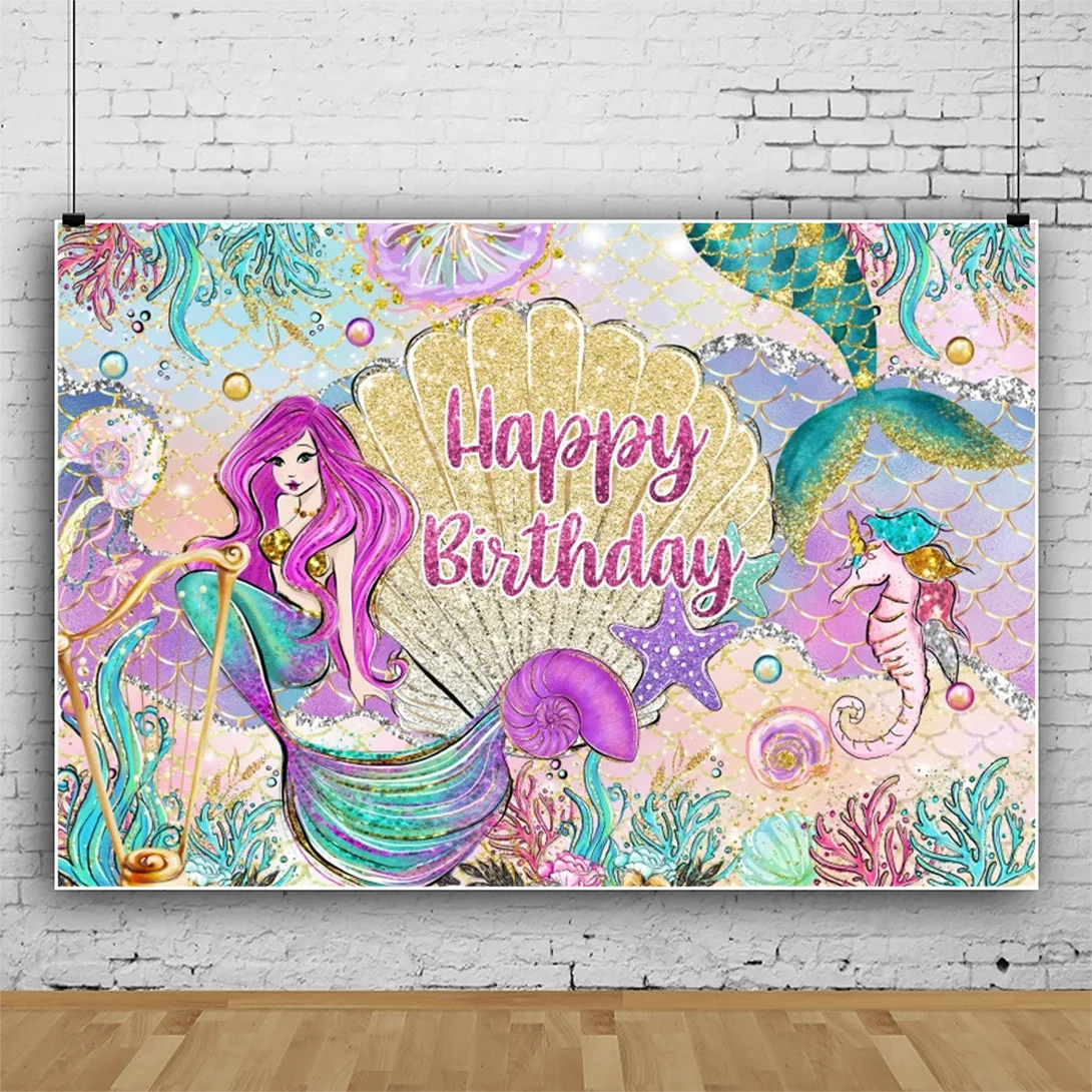 Mermaid Birthday Photography Background For Kids  Princess Fish Scale Shell Sequins Party Photo Studio Background NR-01