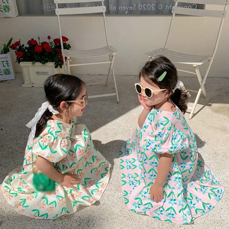 Summer Girls Dress Round Neck Puff Sleeve Floral Print Long Dress Children Casual Clothes Kids Sweet Princess Dress