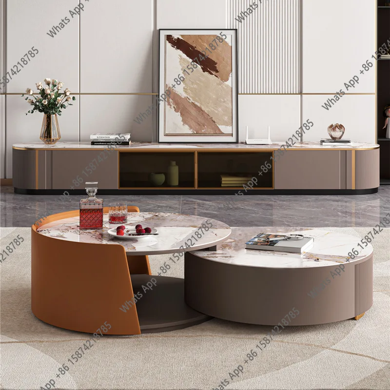 

Modern simple rock slab coffee table small apartment living room telescopic size round coffee table TV cabinet combinati