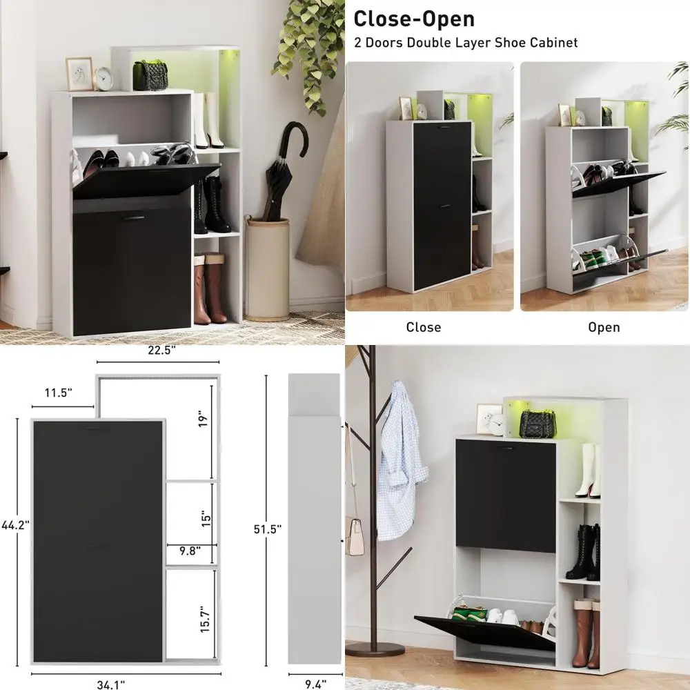 

Современный узкий деревянный шкаф для хранения обуви со светодиодной подсветкой и двумя откидными ящиками для отдельно стоящей организации