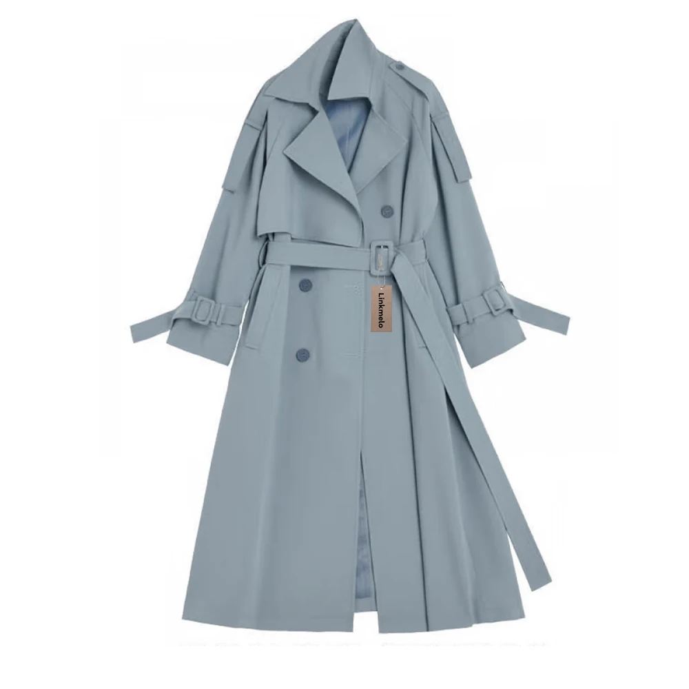 Linkmelo Coats, Women's Double Breasted Long Trench Coat Belted Notch Lapel Overcoat Windproof Classic Outerwear