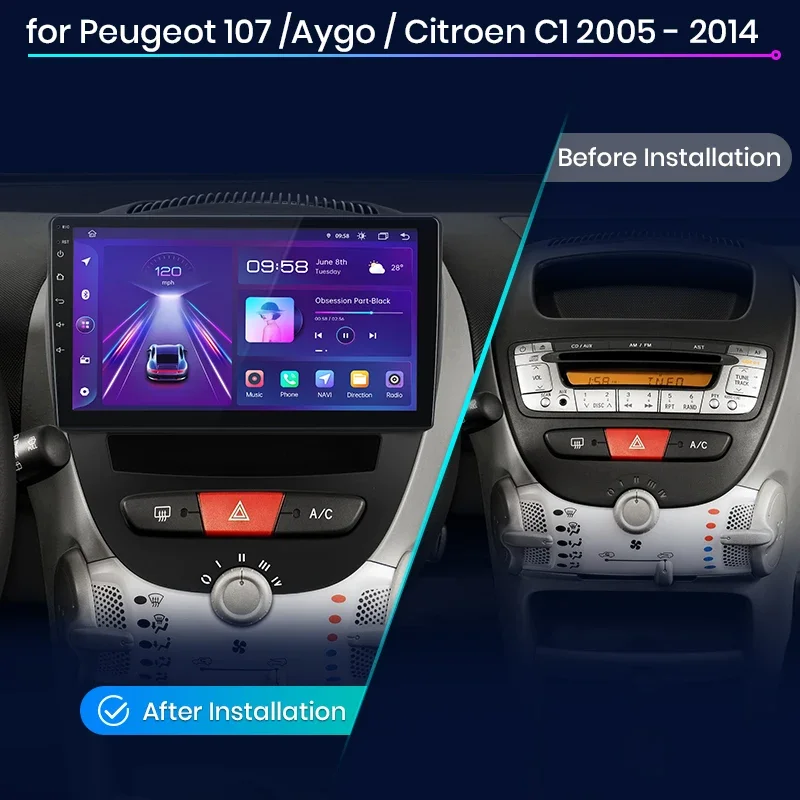Radio para Auto Junsun con CarPlay Inalámbrico y Android Auto para Peugeot 107, Toyota Aygo, Citroën C1 2005-2014, 2 DIN, Multimedia Estéreo con Ventilador Integrado, Navegación GPS, SWC, Bluetooth, FM, RDS, DSP, Pantalla IPS, Sistemas Inteligentes para Auto, 4G, WiFi, 8 Núcleos, Plug&Play