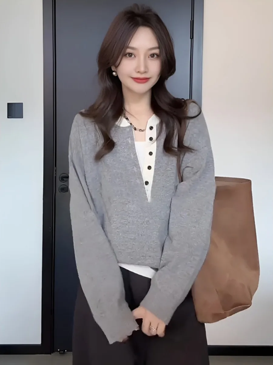 

Loose Fit Long Sve Knitted Sweater round Ne Color Blo Design Spring Autumn New Sle Faionable Casual Women Top