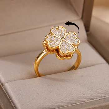 Spinner Zircon Heart Four Leaf Clover Rings For Women Stainless Steel Anti Stress Anxiety…