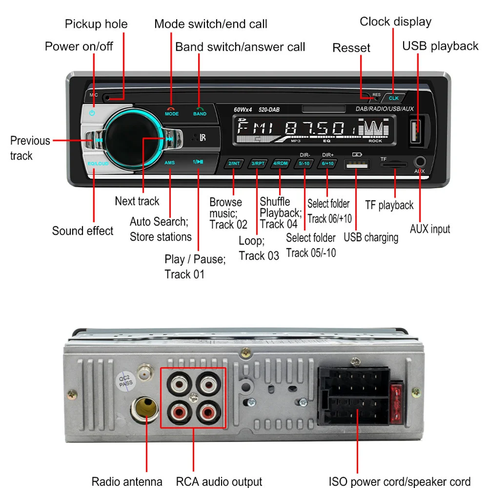 DAB FM AM Autoradio Autoradio 1 Din Audio Stereo lettore MP3 supporto USB TF Bluetooth