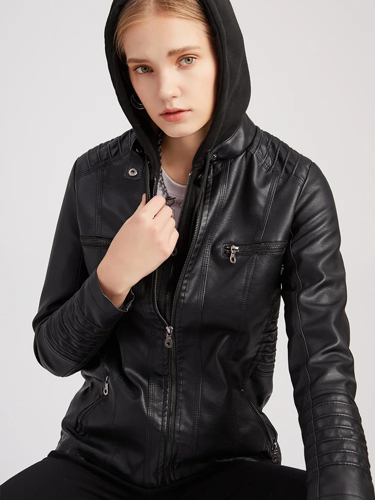 Women\'s Hooded PU Washed Waist Jacket, Faux Leather Jacket, Pocket and Zipper, Spring and Autumn Coat, Fashion, 2023