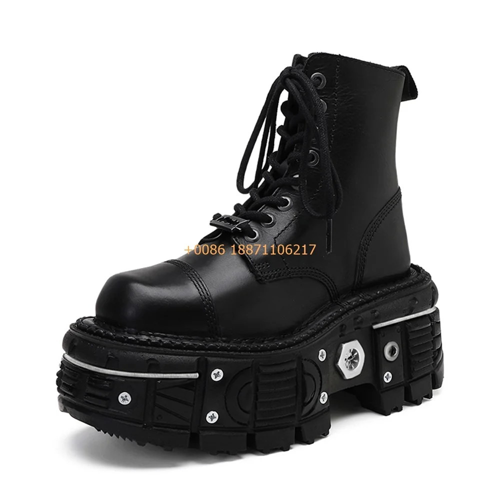 New Street Punk Rock Motorcycle Boots Thick Sole Round Metal Rivet Sports Casual Short Boots Fashion Street Lace-Up Ankle Boots