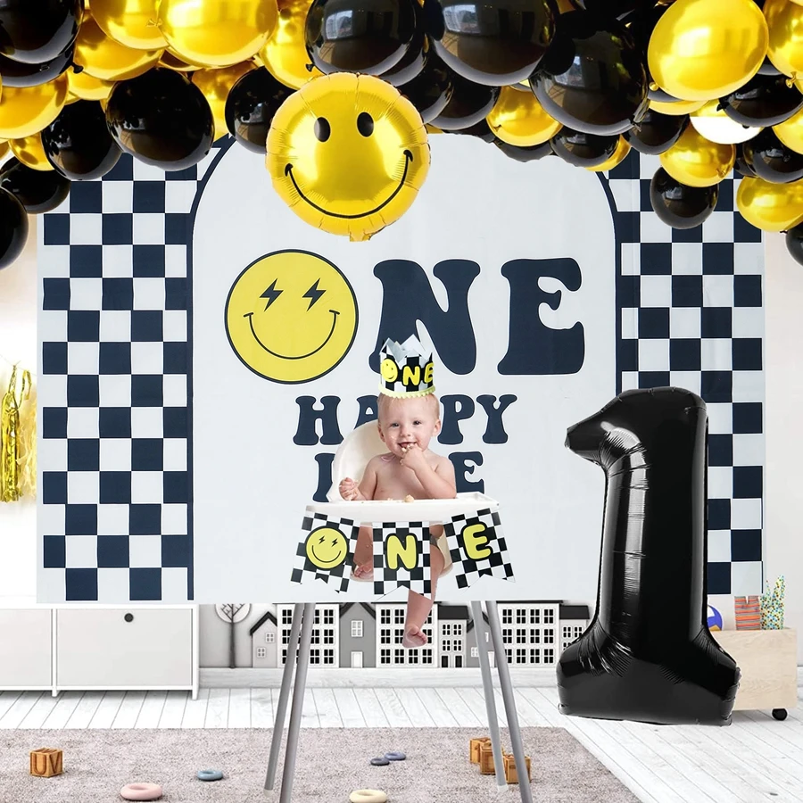 One Happy Dude Birthday Decorations, One Cool Dude 1st Party Decor Banner Highchair Banner Cutout Crown Black Yellow Smile Face