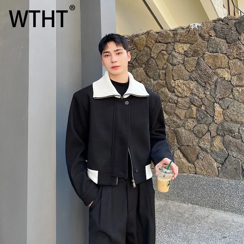 

WTHT Fashion Men Patchwork Contrast Color Design Coat Trendy Korean-style Turn Down Collar Loose Jacket Male 2025 Autumn 2A1976