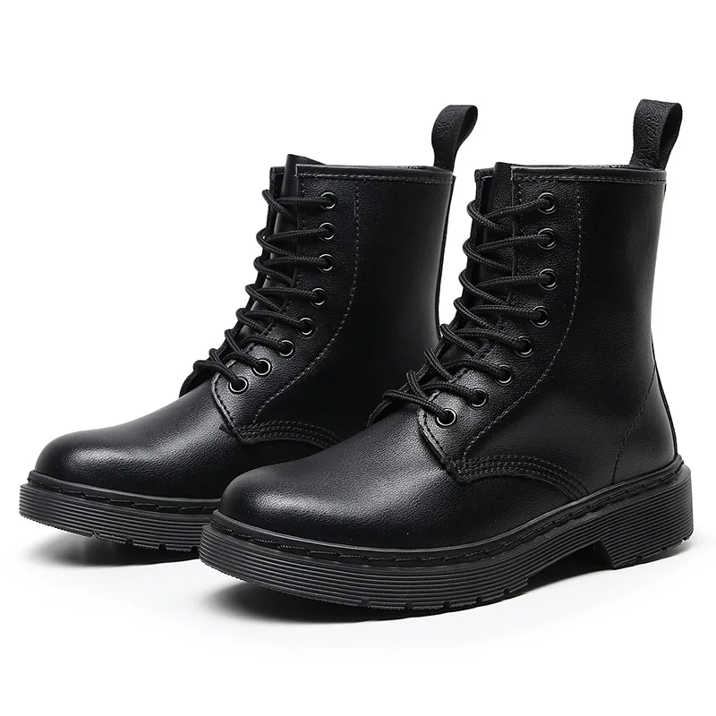 

Couple's Short Boots For Men And Women Black Leather Sewing Botas Para Dama Narrow Band Lace-Up Platform Shoes Chunky Mid Heels