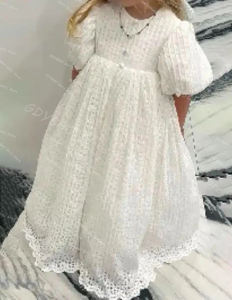 

Eyelet Lace First Communion Dress White Flower Girl Dress for Wedding Customized Kids Balloon Sleeve Birthday Party Ball Gown