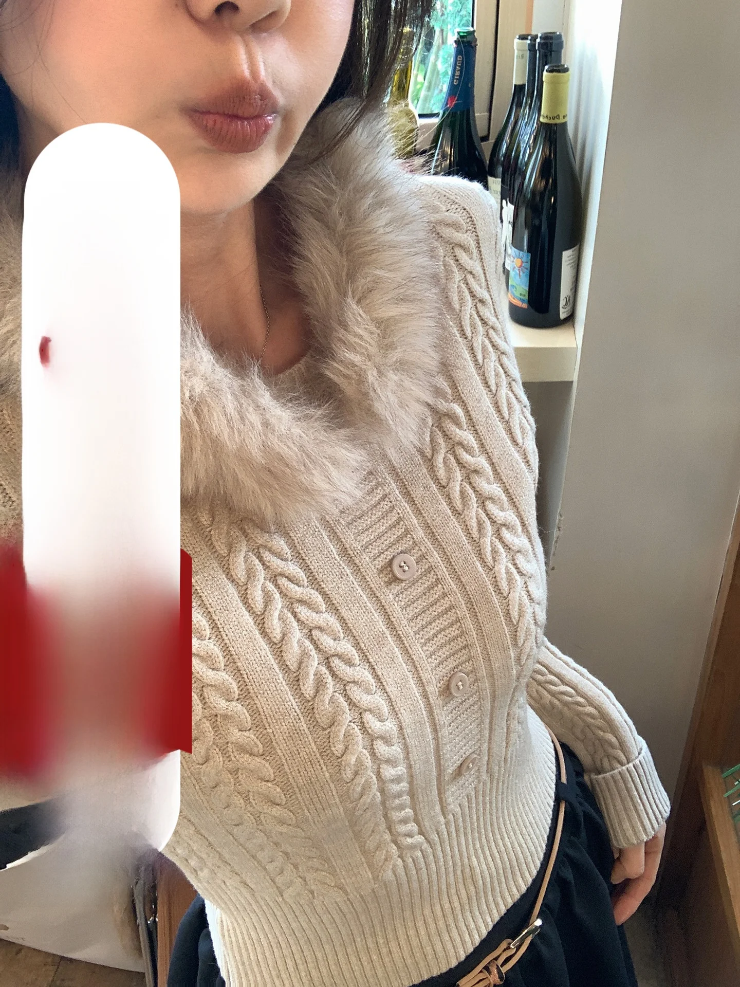 

Blue Knitted Sweater Women's Design Slimming ort Crop Top Waist-Cinched Long Sve Pullover with Detachable Fur Collar