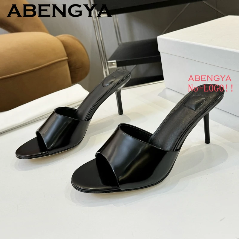 2025 Summer Real Leather Thin High Heels Slippers For Women Fashion Retro Open Toe Stilettos Mules Sexy Party Dress Shoes Mujer