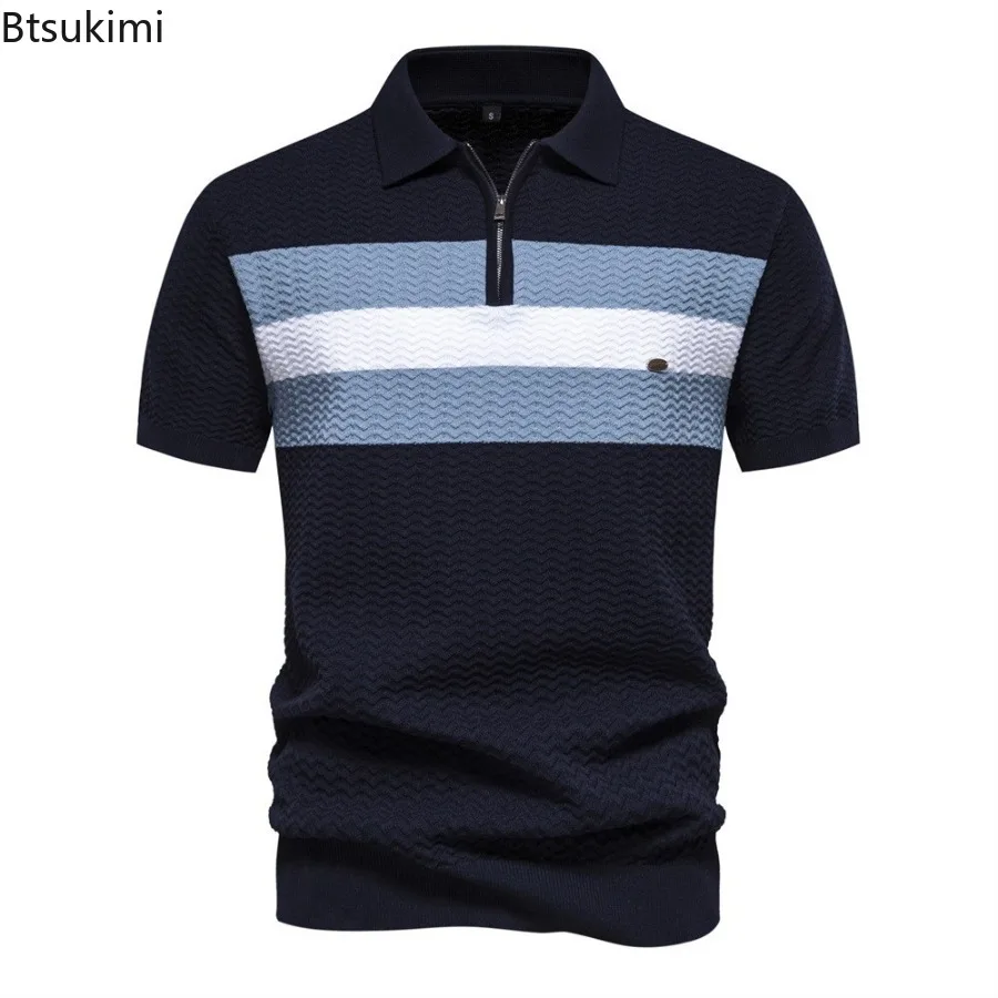 2024 Fashion Men's Knitted Striped Short-sleeved Shirt Contrast Color Design Half Zip Lapel Tops Men Business Casual Polo Shirts