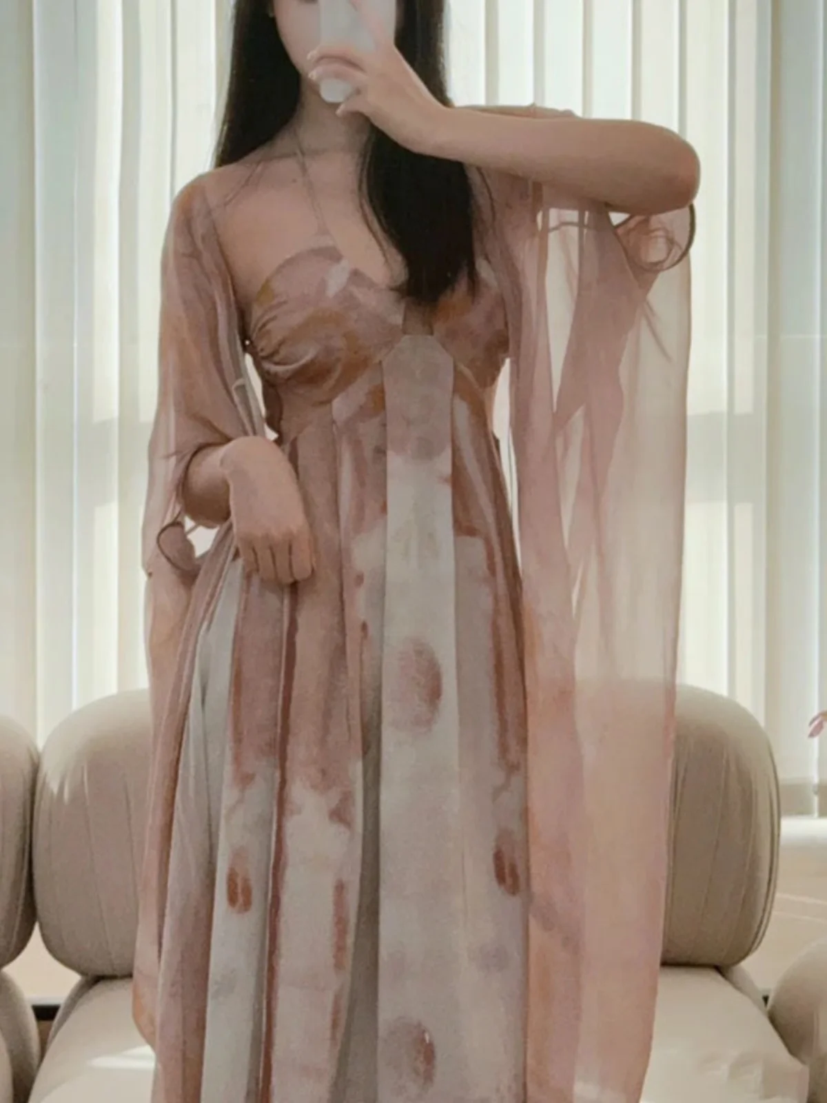 

Ele Chinese Sle Printed Wing Robe oulder Two Color Sunscreen Outerwear Two-Piece Set High Waist Svel ...