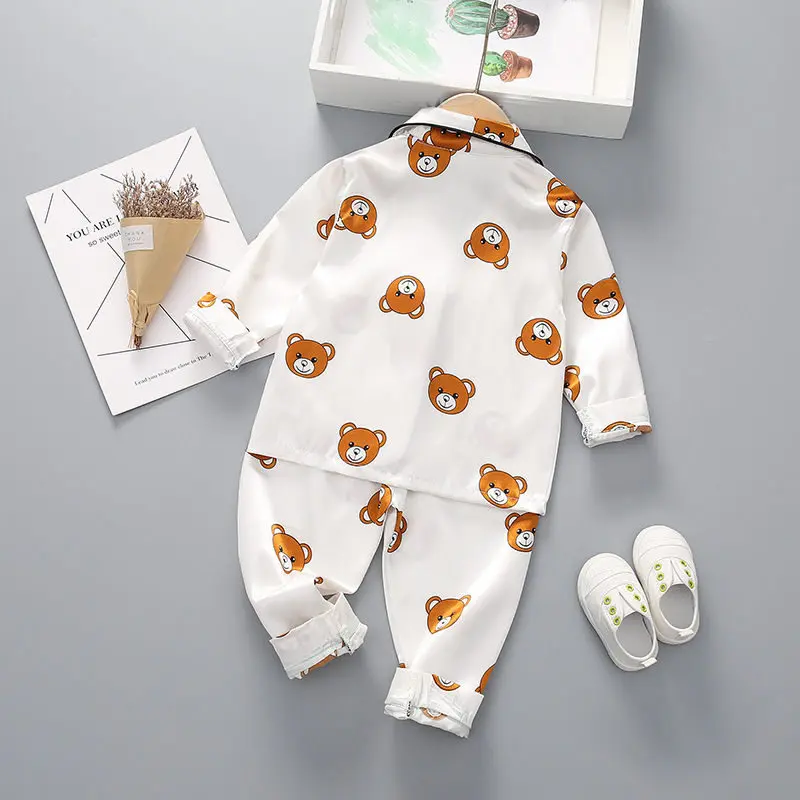 Boys Girls Kids Pajama Set Cartoon Bear Long Sleeve T-Shirt Tops With Pants Toddler Kids Sleeping Cloth Sleepwear 1 2 3 4 Years