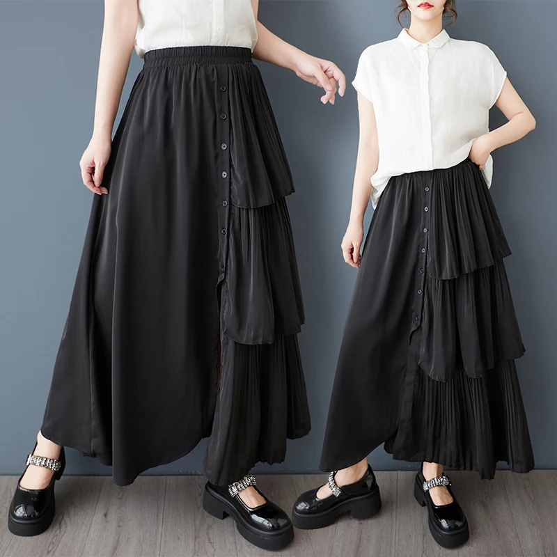 

Черная свободная юбка с широкими штанинами в корейском стиле, весна-лето, новинка, с сетчатыми вставками, драпированная, длина 7/8, женская модная одежда