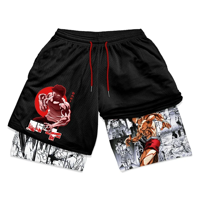 Anime Baki Hanma Gym Workout Shorts for Men Athletic Quick Dry 2 in 1 Compression Shorts Cosplay Costume