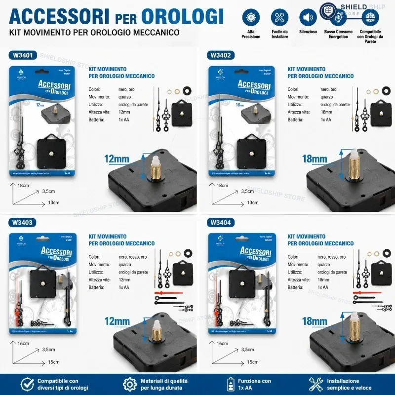 Kit meccanismo per orologio al quarzo fai-da-te, motore di ricambio per riparazione orologio da parete con lancette per ore e minuti, batteria AA a ba