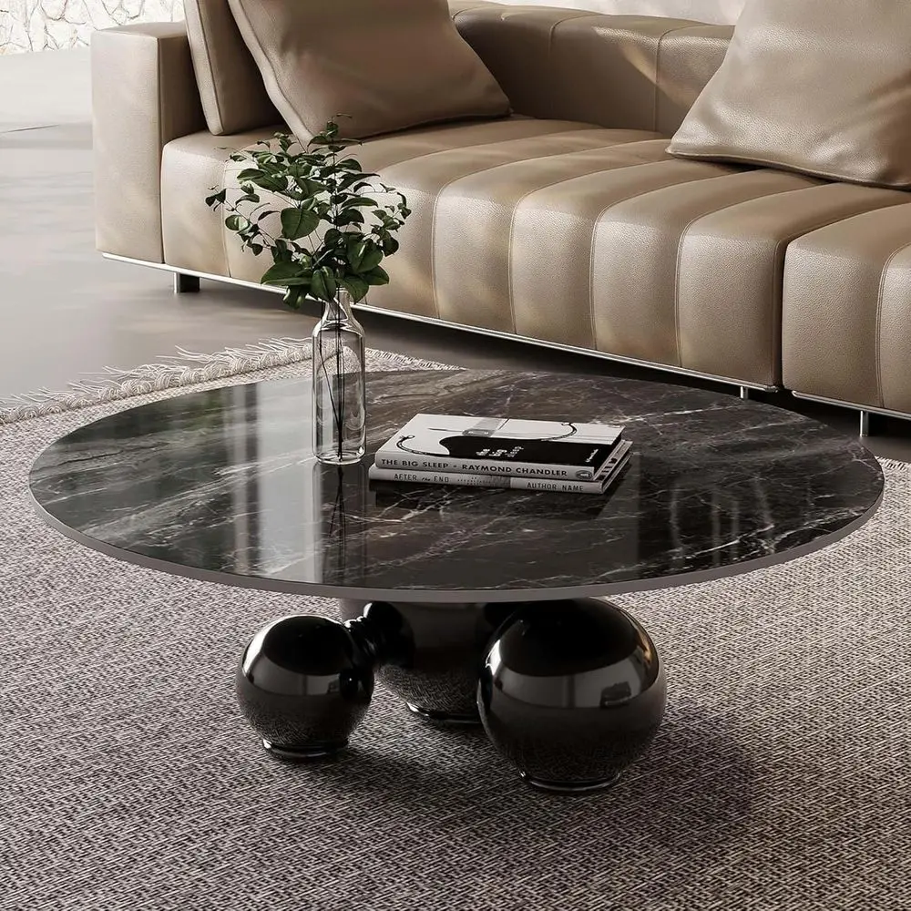 

ern Round Marble Coee Table, 39.4 Inch Black Marble-Top with Black Ball Base, Center Table or Living Room, Oice, Retion Room (Bl