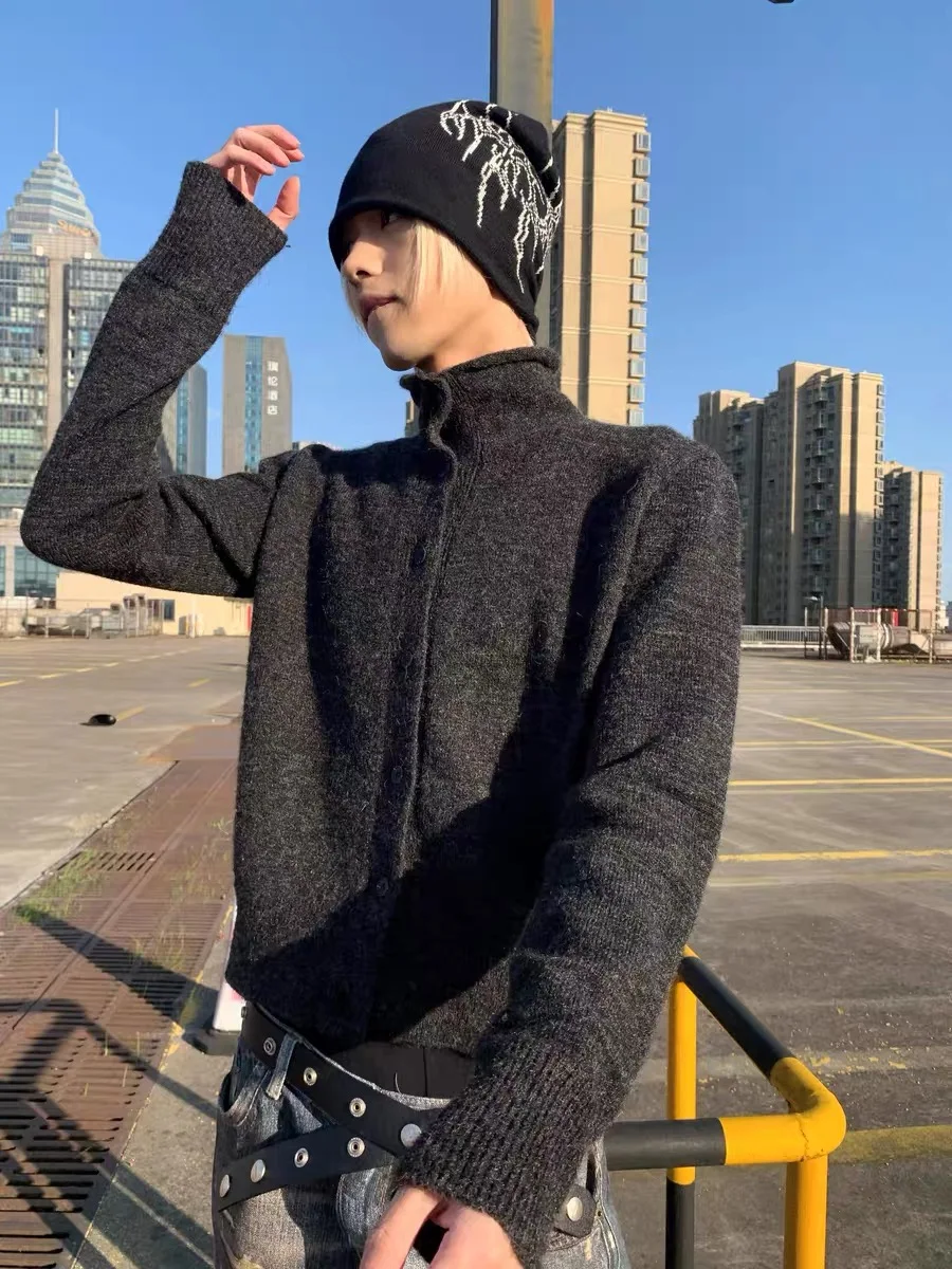 

Американский ретро открытый кардиган с манжетами, вязаный свитер, мужской осенне-зимний теплый универсальный трикотаж с высоким воротником, куртка