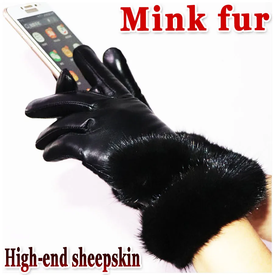 Women's Sheepskin Gloves Mink Fur Grass Gloves Windproof Cold Driving Warmth Thick Touch Screen Winter New Female Leather Gloves