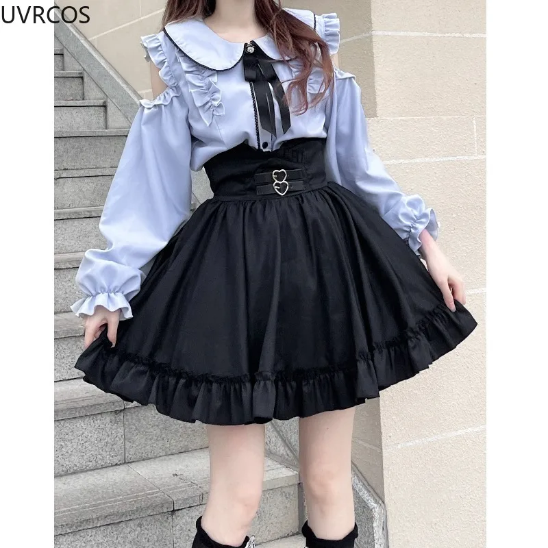 Japanese Gothic Lolita JK Skirt Sets Women Kawii Peter Pan Collar Off Shoulder Shirts Mini Skirts Harajuku Y2k School Girls Suit