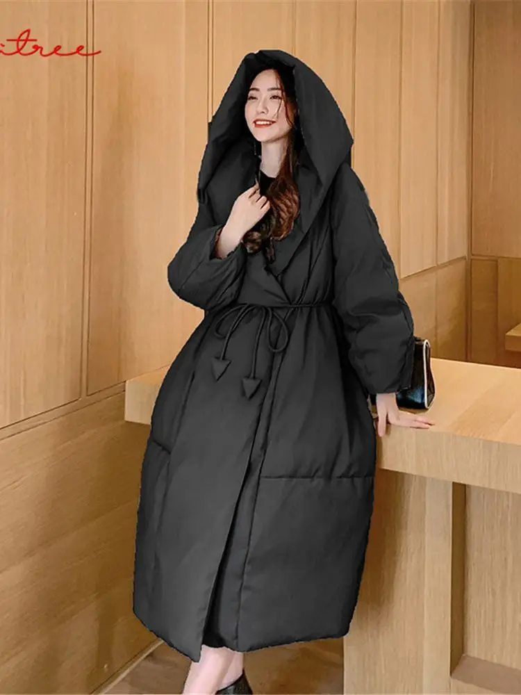 Imagem -02 - Oversized Inverno Longo Cabolsas com Capuz Mais Grosso Quente Fofo para Baixo Cabolsa Estilo Pão Inverno Feminino com Capuz Parkas com Cinto Wy226 S5xl