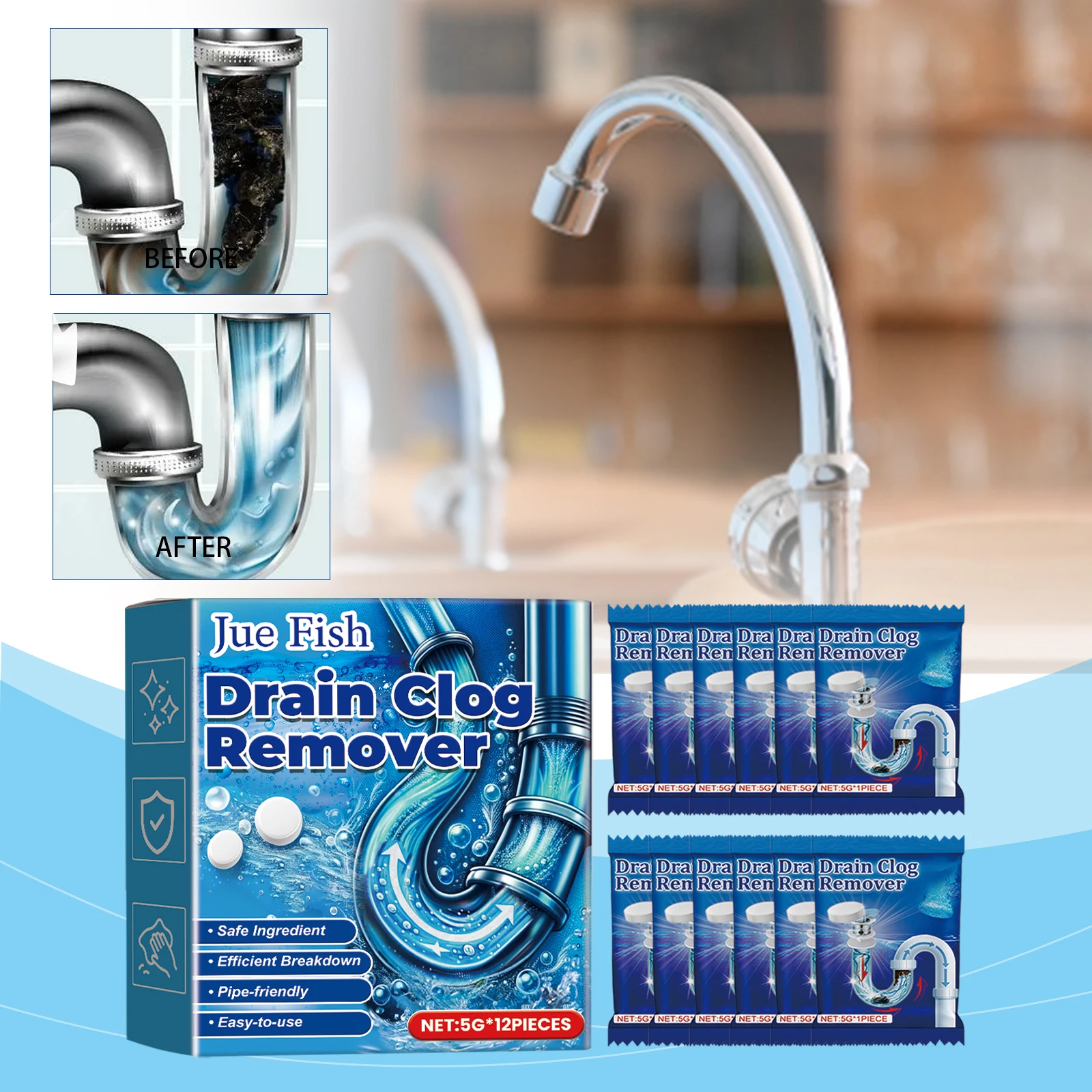 Effervescent Drain Cleaner Tablets Quick Dissolve Clog Remove Odor Eliminator Sink Toilet Household Pipe Dredge Cleaning Tablets