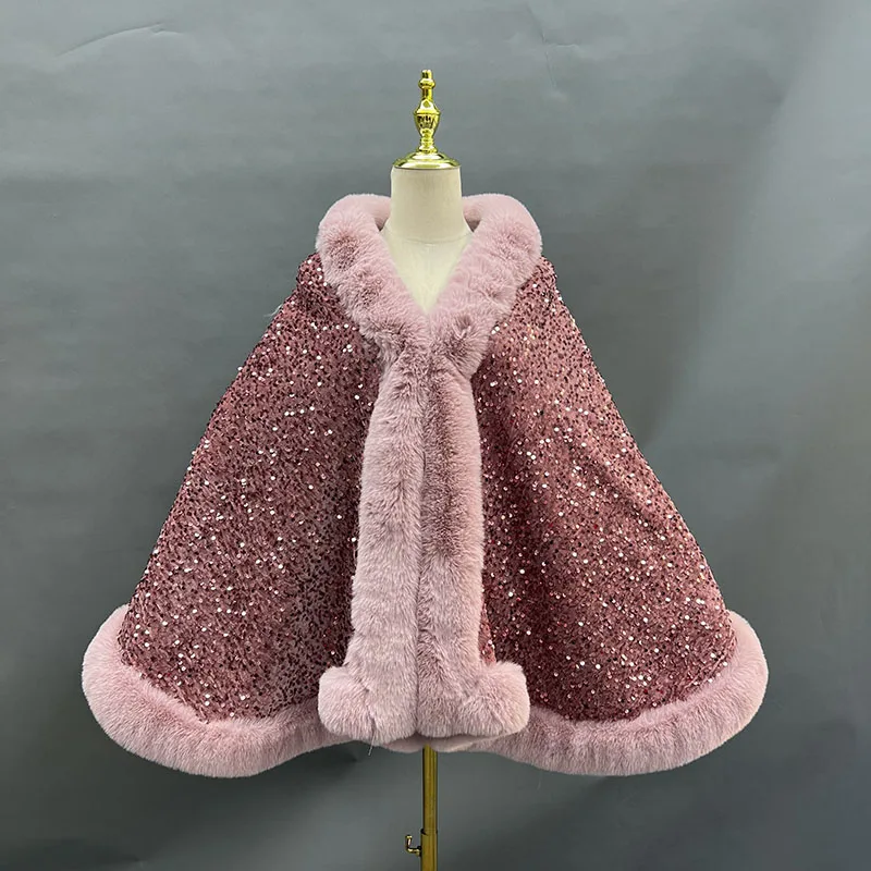 Sequins Faux Rabbit Fur Cape Coat Winter Thicken Lining Warm Party Dress Cloak Shawl Women Wraps Fashion Shiny Paillette