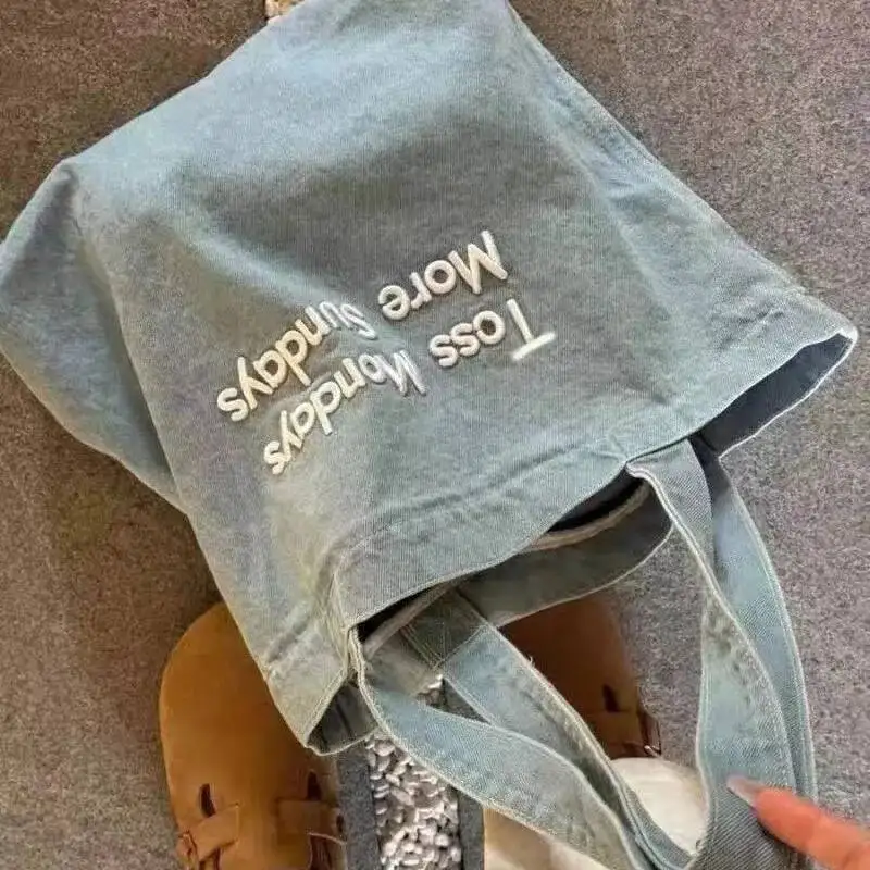 Bloom Retro Denim Letter Embroidered Canvas Bag Women Large Capacity Y2k Shoulder Bags Ladies Portable Casual Shopping Handbag