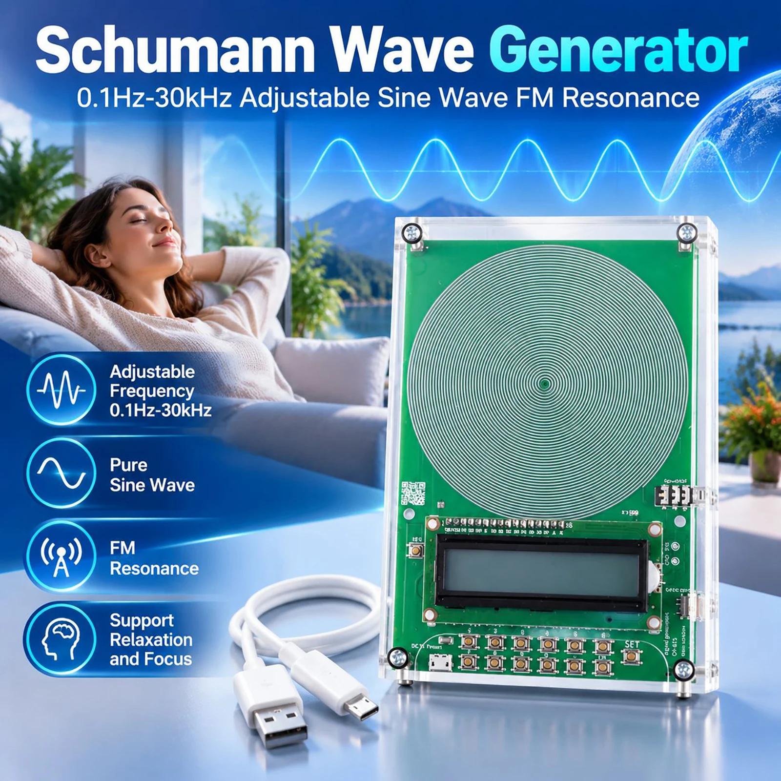 Schumann Wave Generator 0.1Hz-30kHz Adjustable Sine Wave FM Resonance