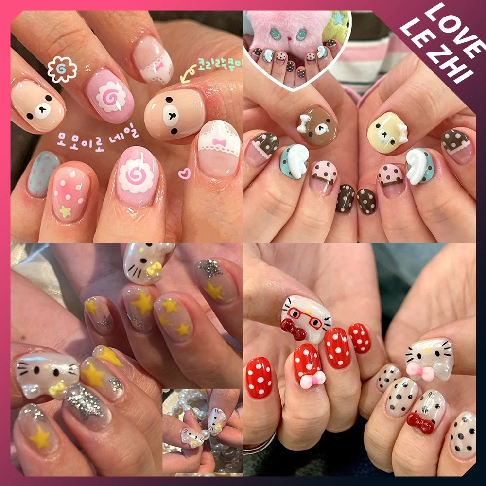 

Cute Rilakkuma Handmade Short Square Round Press On Nails Kawaii Cartoon Polka Point Bow Five-Pointed Star Wings Fake Nails