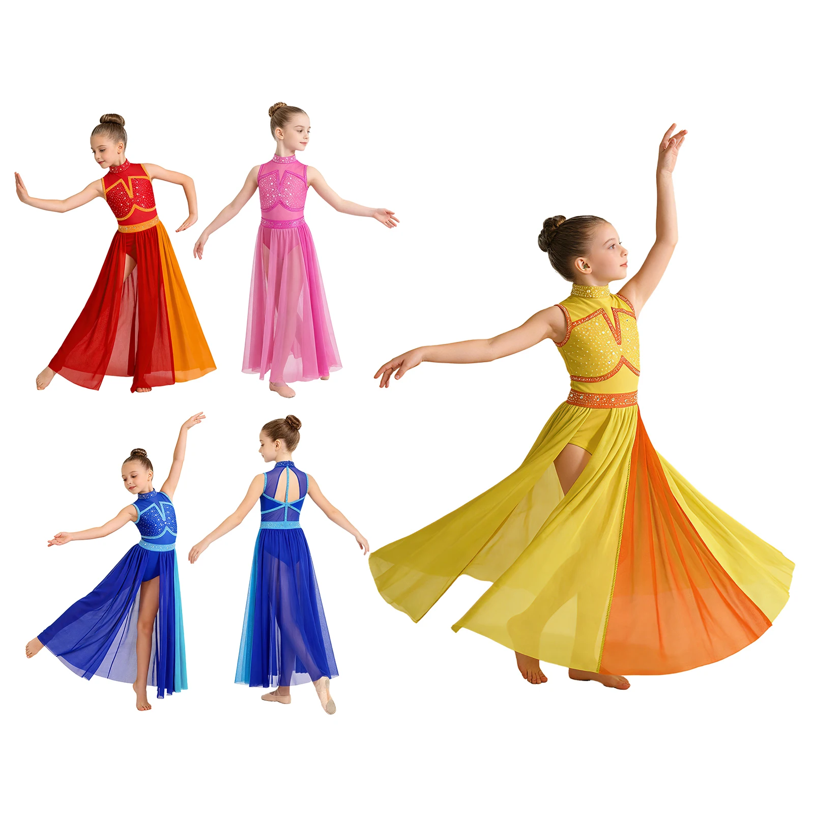 Kids Girls Modern Lyrical Dance Dress Sleeveless Shiny Rhinestone Mesh Maxi Dress Leotard Ballet Figure Skating Ballroom Costume - view 4