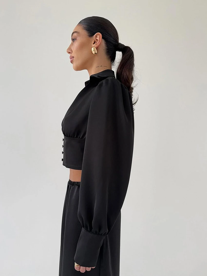 Martahqiqi Fashion Ladies Nightgowns Suit Crop Top Pajamas Long Sleeve Nightie Sexy V-Neck Nightwear Pants Female Sleepwear Set