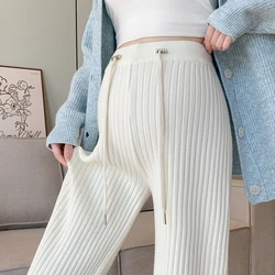 Pregnant Women's Pants Autumn Winter Maternity Knitted Pit Stripe Straight Leg Wide Leg Pants Casual Floor Pants Youth Pregnancy