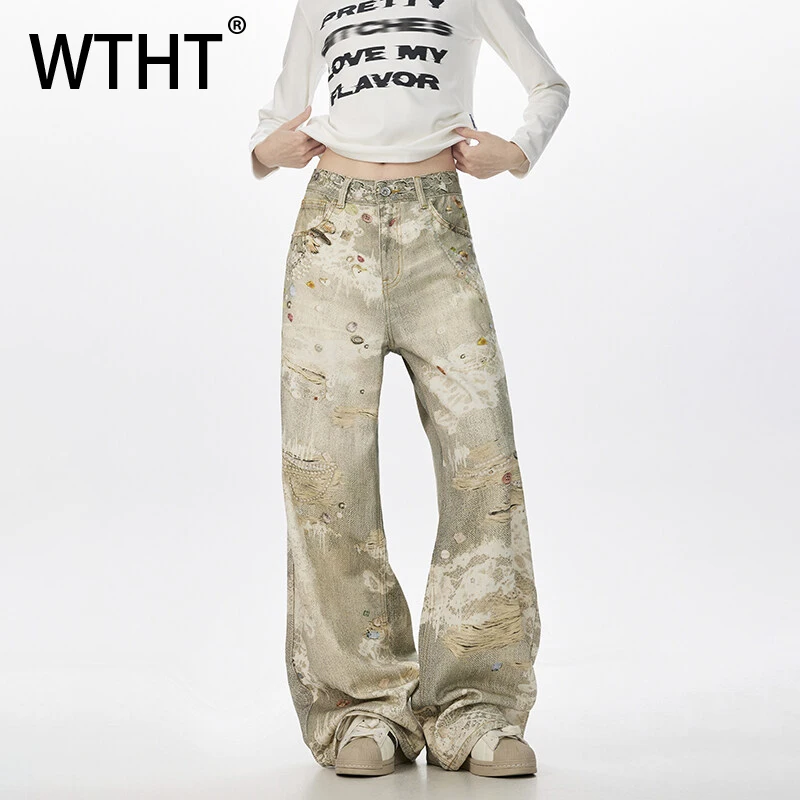 

WTHT Vintage 2025 Summer Men's Irregular Graffiti Do Old High Street Denim Pant Fashion American Style Straight Jean Male 2A1215