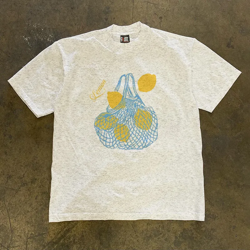 Heavyweight American Retro Rare Realistic Lemon Loose Cotton Couple Short-Sleeved T-Shirt Top