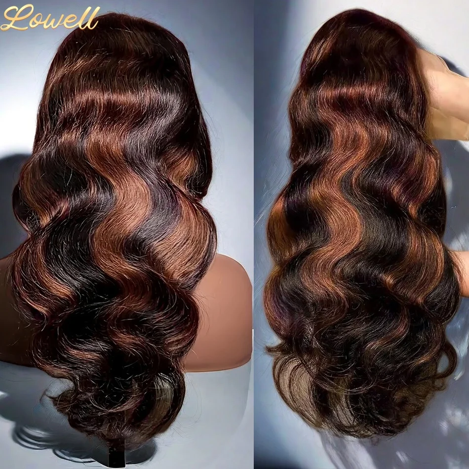 Highlights Body Wave 13x6 HD Omber Kantwerkpruik van Echt Haar, Voorgeplukt, 1B/30 Zwart Bruin Gekleurd Haar, 13x4 HD Kantwerk Frontal Pruiken - afbeelding 2